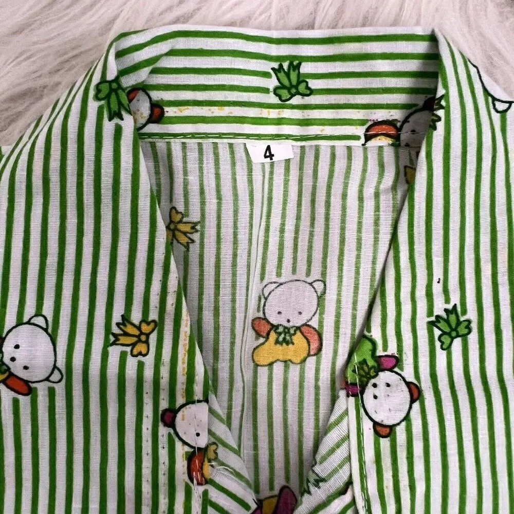 Hello Kitty Girls Vintage Sanrio Green & White Linen Pinstriped Pj Set Size 4